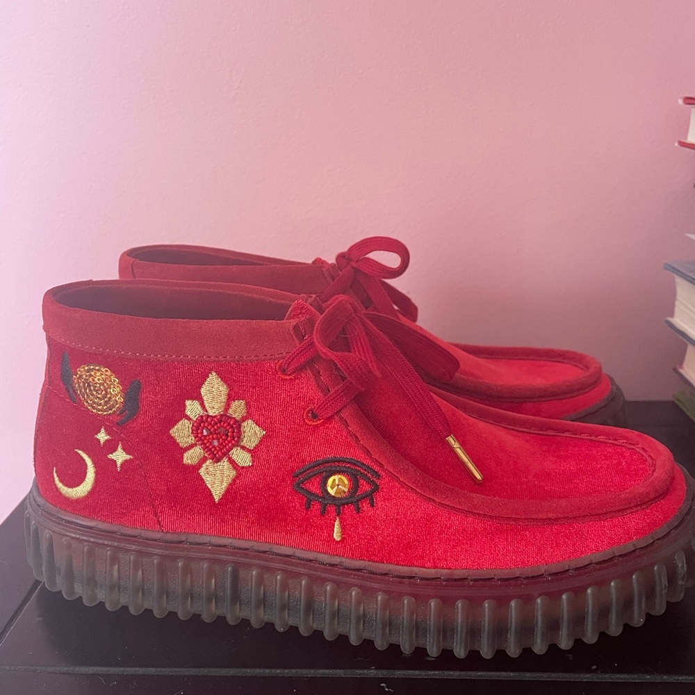Red Suede Embroidered Ankle Boots